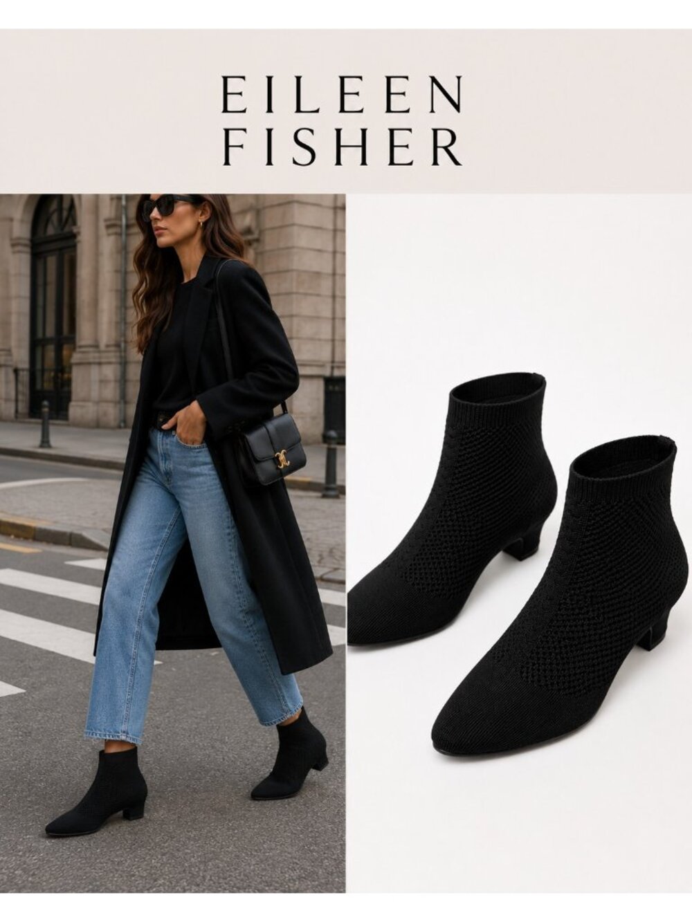 Eileen Fisher Black Knit Stretch Sock Ankle Boots Pointed Toe Size 7